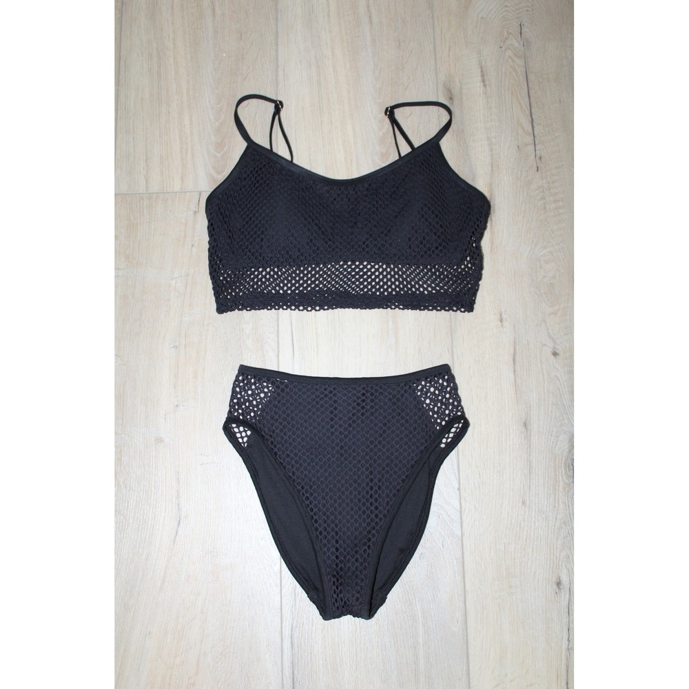 Robin Piccone Women's Black‎ Mesh Bikini Set Bralette High Waist Swimsuit S/M